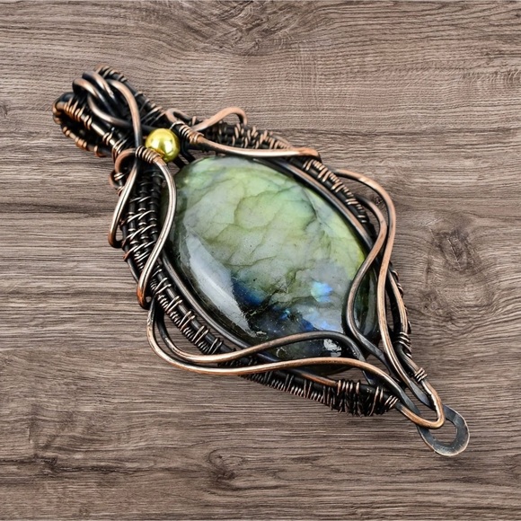 Natural Labradorite Copper Wrapped Handmade Pendant Necklace blue green read - Picture 3 of 11
